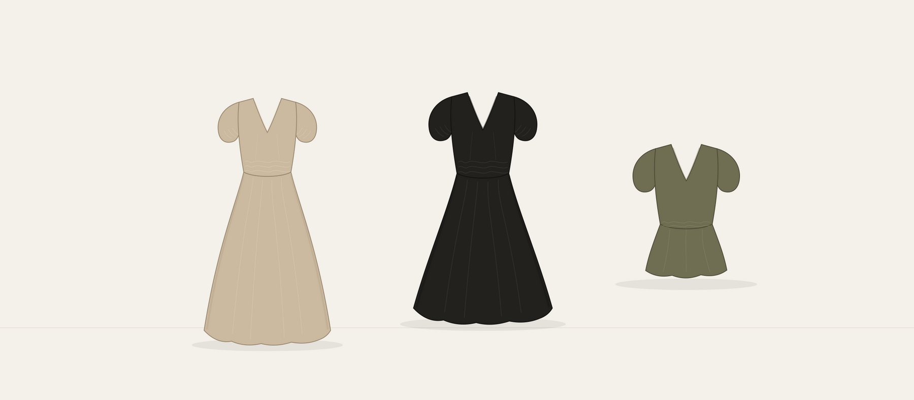 Drie mousseline silhouetten op ivoor