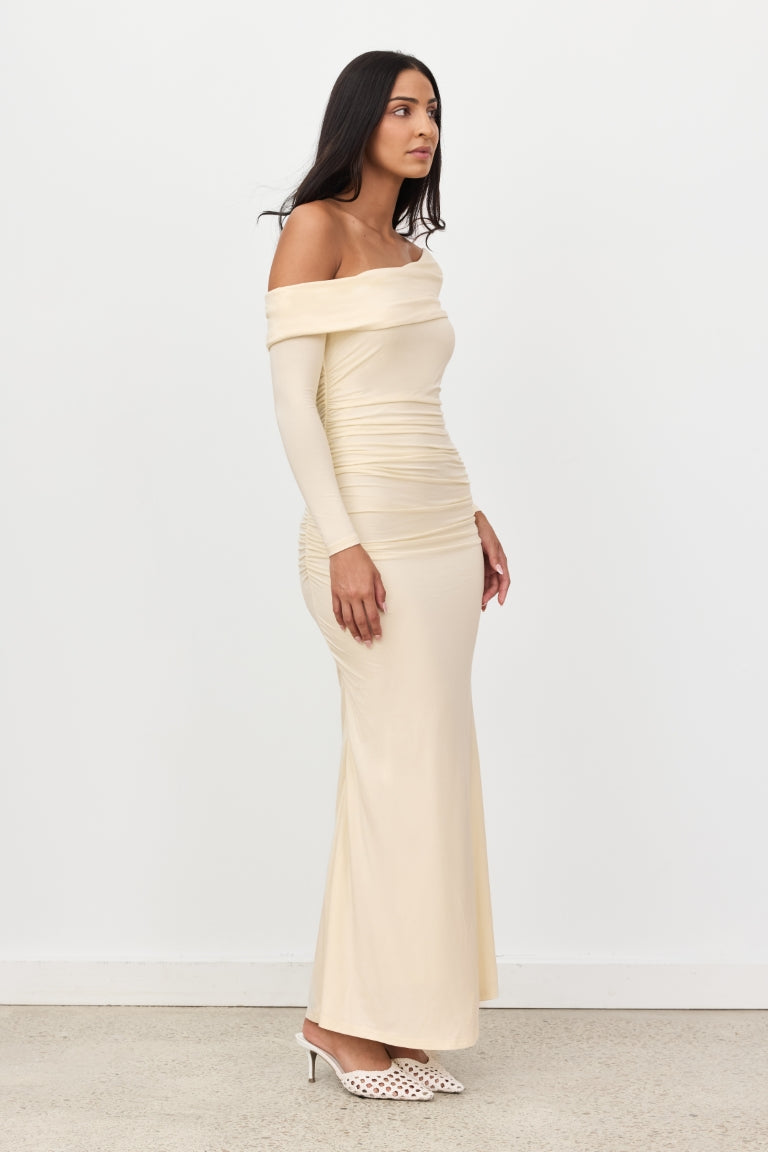 SageFashion Maxi Jurk | Lange Mouwen in Zachte Gele Tint voor Dames