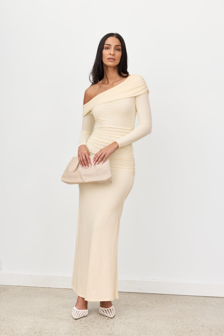 SageFashion Maxi Jurk | Lange Mouwen in Zachte Gele Tint voor Dames